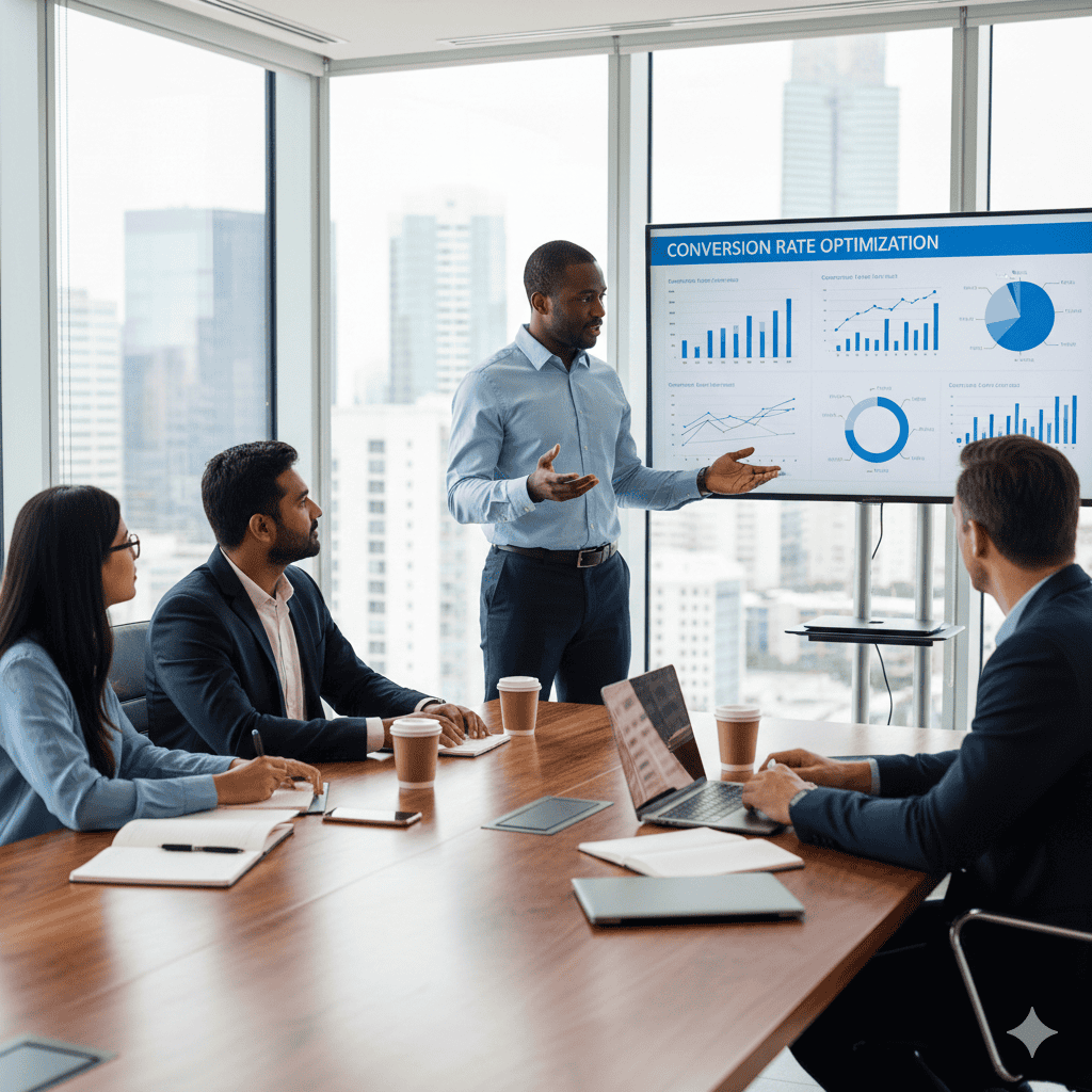 Expert presentation on conversion rate optimisation strategies in a modern office setting.