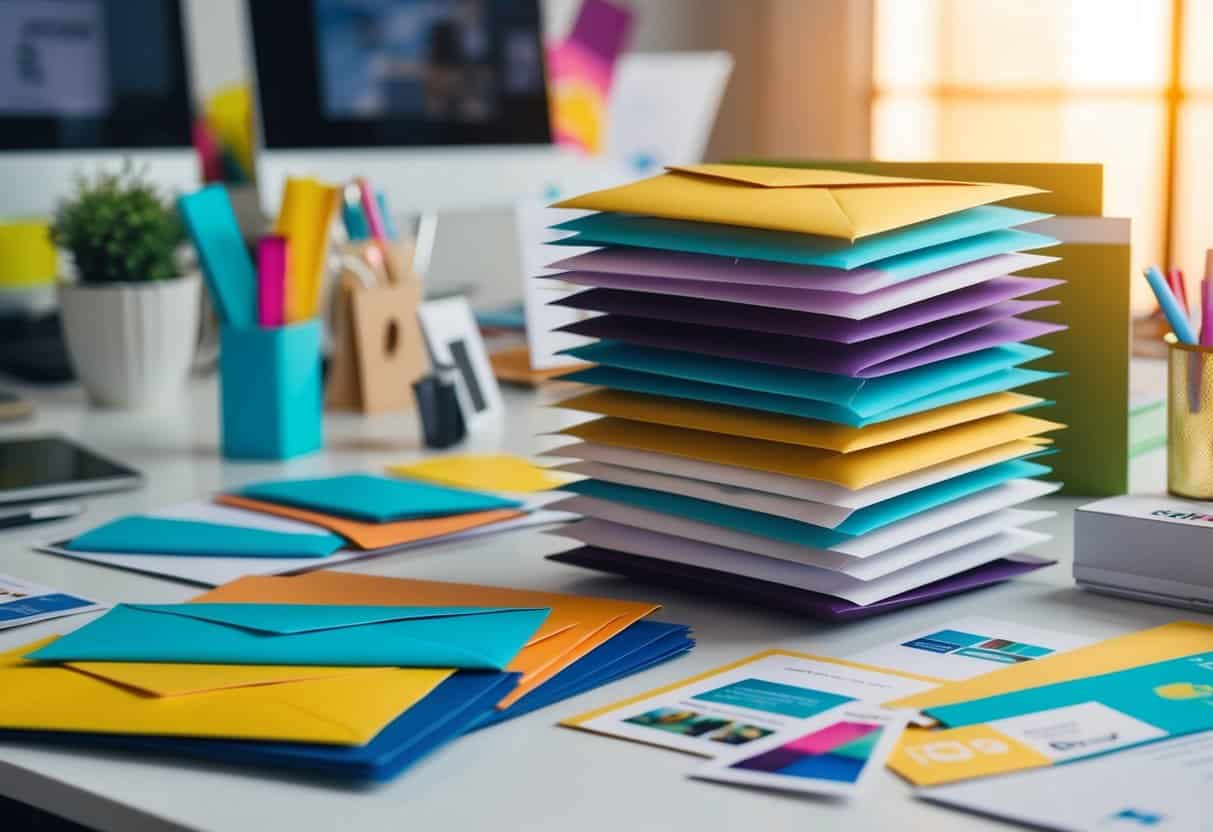 A stack of colorful envelopes and packages arranged on a desk, surrounded by marketing materials and promotional items